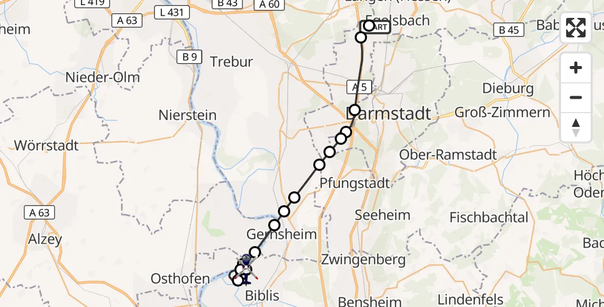Flugroute Polizeihubschrauber Flughafen Frankfurt-Egelsbach - Biblis, 27 August 2026, 17:23