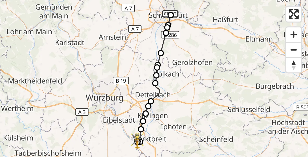 Flugroute Rettungshubschrauber Leopoldina Schweinfurt City Hospital - Ochsenfurt Hospital, 27 August 2026, 17:32