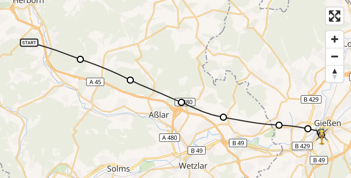 Flugroute Rettungshubschrauber Sinn - Gießen University Hospital, 27 August 2026, 17:38