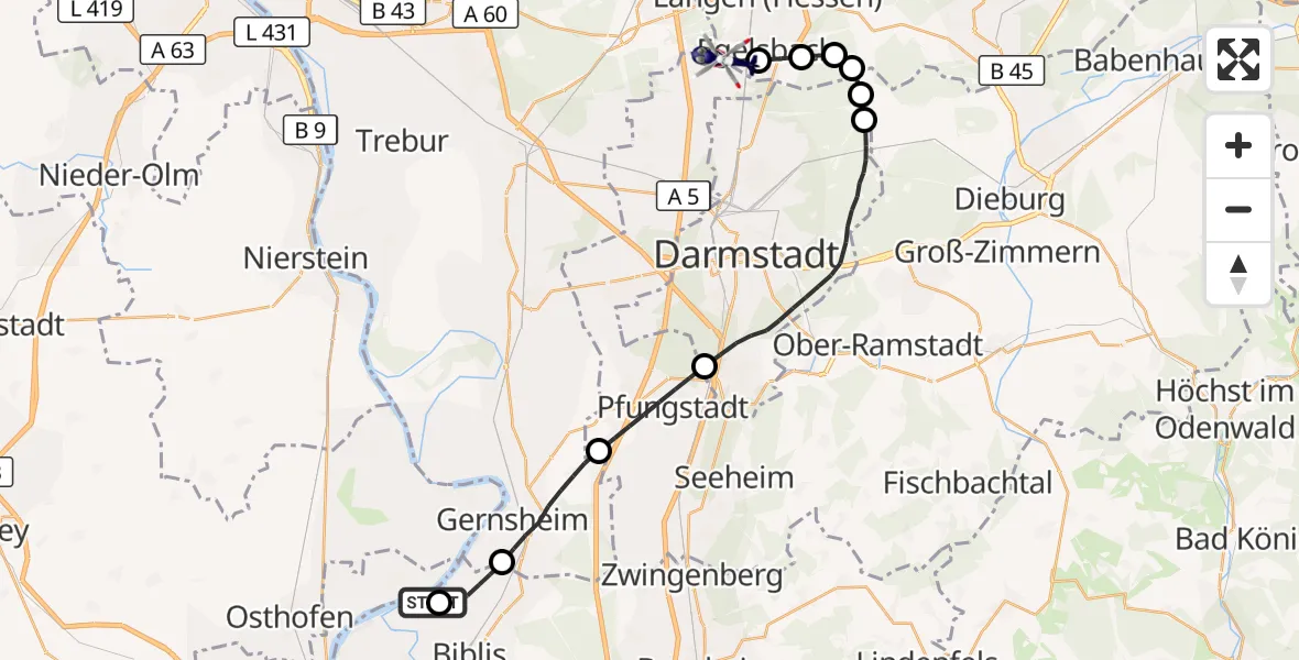 Flugroute Polizeihubschrauber Biblis - Flughafen Frankfurt-Egelsbach, 27 August 2026, 17:39