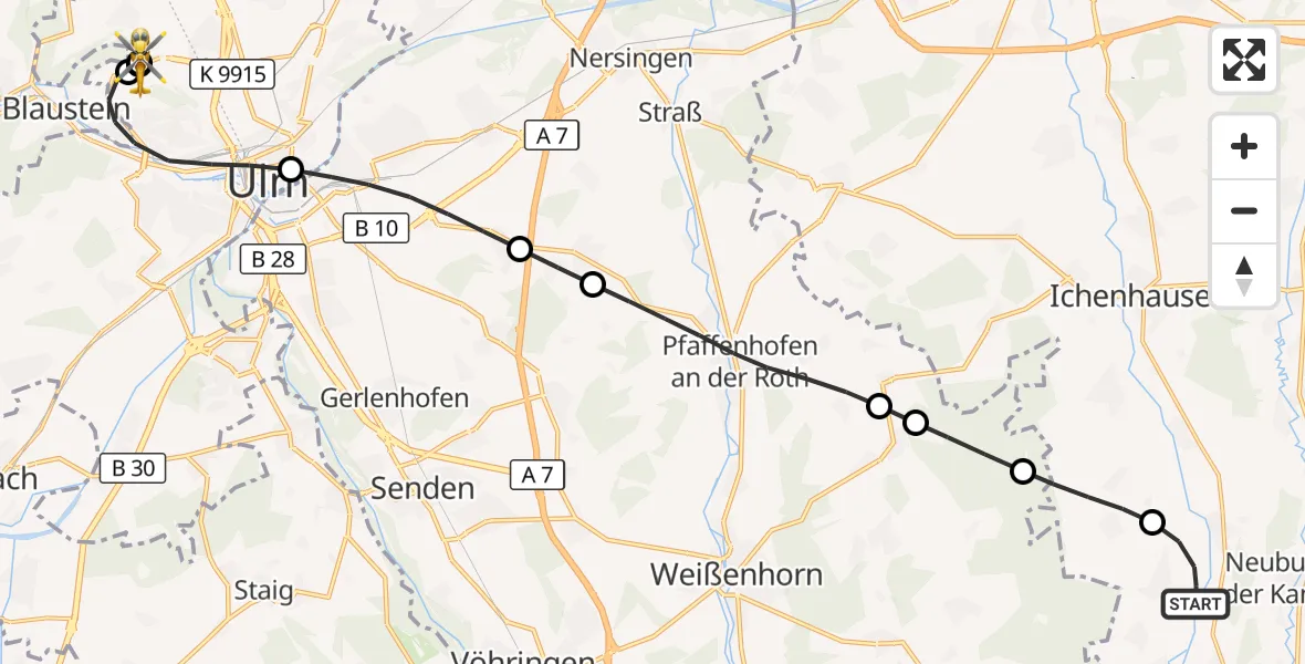 Flugroute Rettungshubschrauber Wiesenbach - ADAC Air Rescue Station Ulm (Christoph 22), 27 August 2026, 17:39