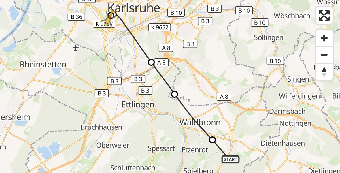 Flugroute Ambulanzhubschrauber Karlsbad - Sankt Vincentius Hospital, 27 August 2026, 17:45