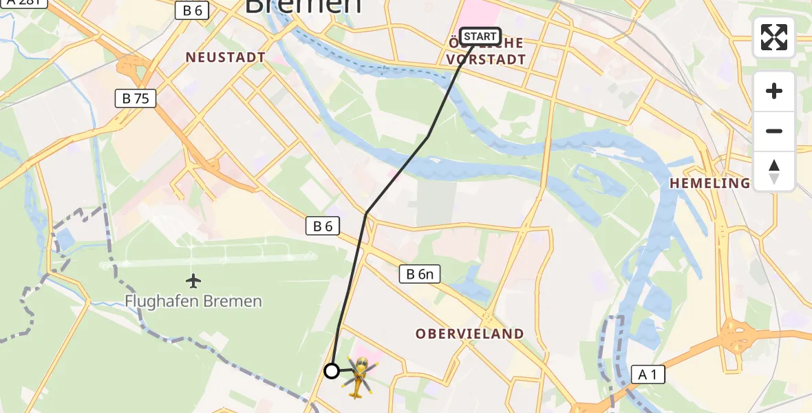 Flugroute Rettungshubschrauber Bremen - ADAC Air Rescue Station Bremen Hubschrauberlandeplatz (Christoph 6), 27 August 2026, 17:50