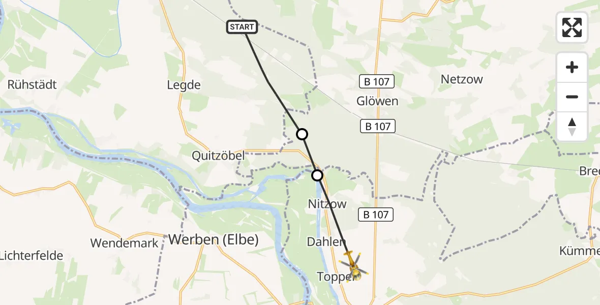 Flugroute Rettungshubschrauber Legde/Quitzöbel - Havelberg, 27 August 2026, 17:55
