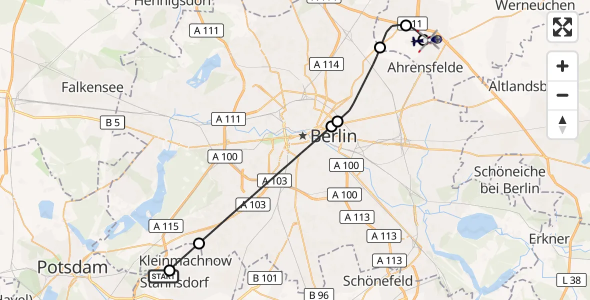 Flugroute Polizeihubschrauber Stahnsdorf - Ahrensfelde Hubschrauberlandeplatz, 27 August 2026, 18:02