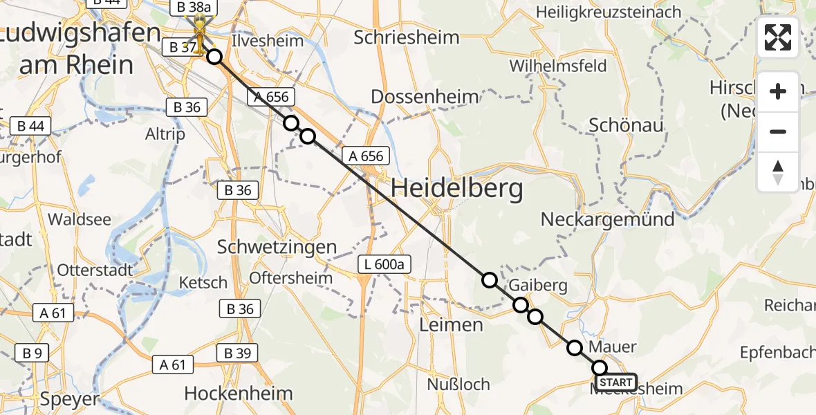 Flugroute Rettungshubschrauber Meckesheim - Mannheim-City Flughafen, 27 August 2026, 18:25