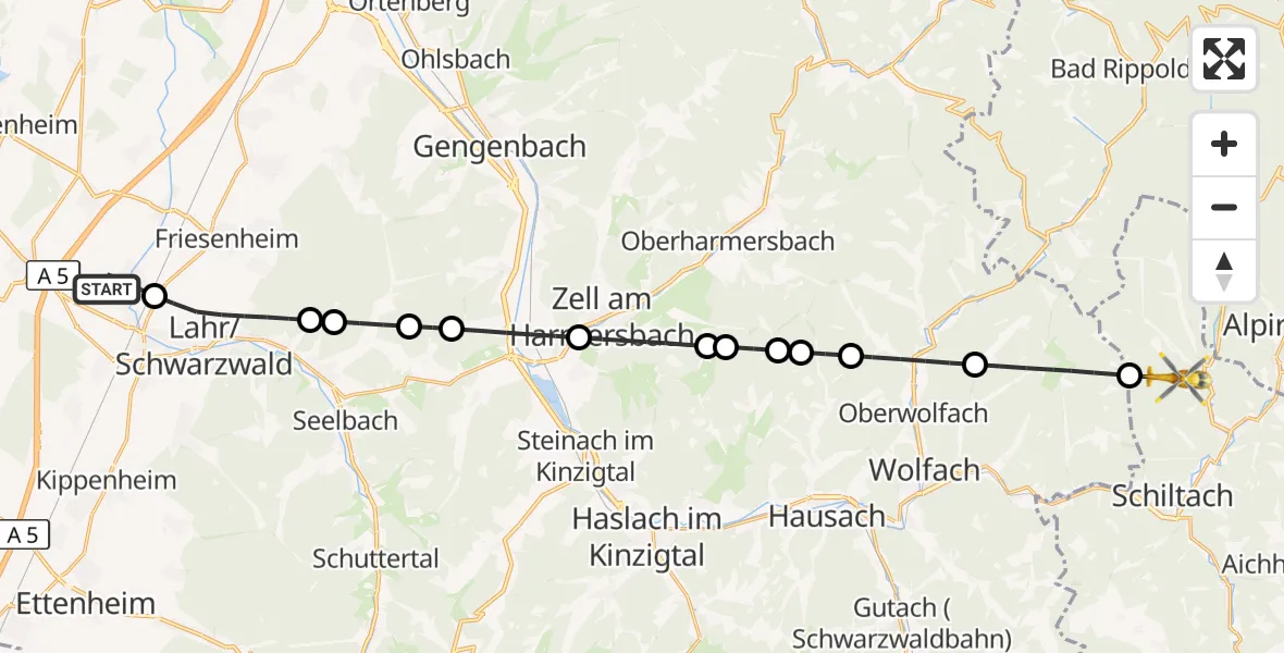 Flugroute Rettungshubschrauber Lahr Flughafen - Schenkenzell, 27 August 2026, 18:38