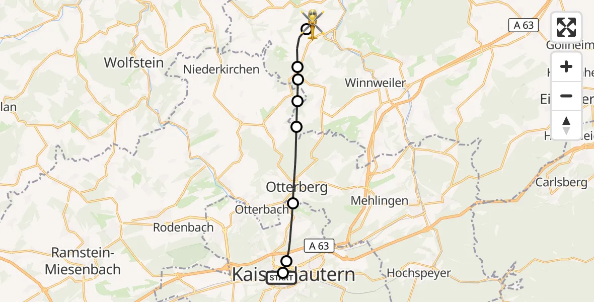 Flugroute Rettungshubschrauber Westpfalz Hospital Kaiserslautern - Rockenhausen, 27 August 2026, 18:47