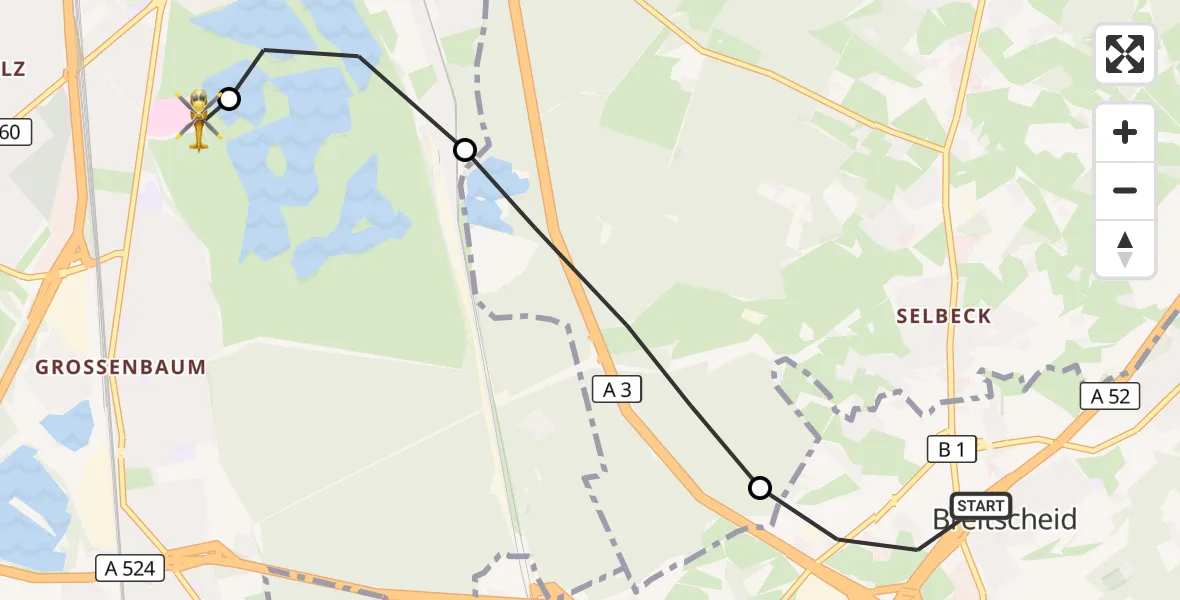 Flugroute Rettungshubschrauber Ratingen - Duisburg Air Rescue Hubschrauberlandeplatz (Christoph 9), 27 August 2026, 18:50