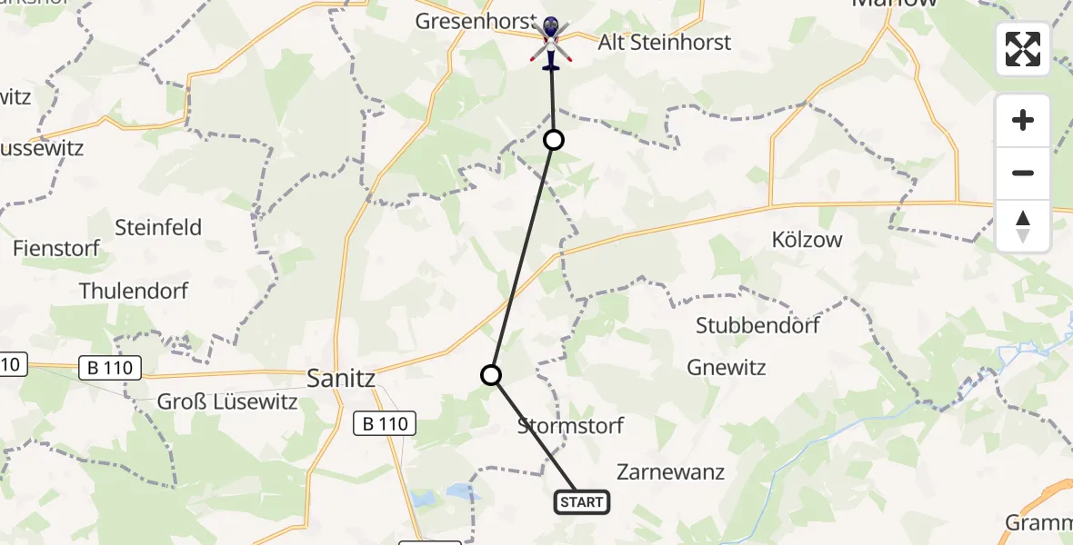Flugroute Polizeihubschrauber Zarnewanz - Marlow, 27 August 2026, 19:12