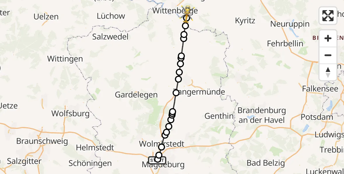 Flugroute Rettungshubschrauber Magdeburg Hospital - Bad Wilsnack, 27 August 2026, 19:17