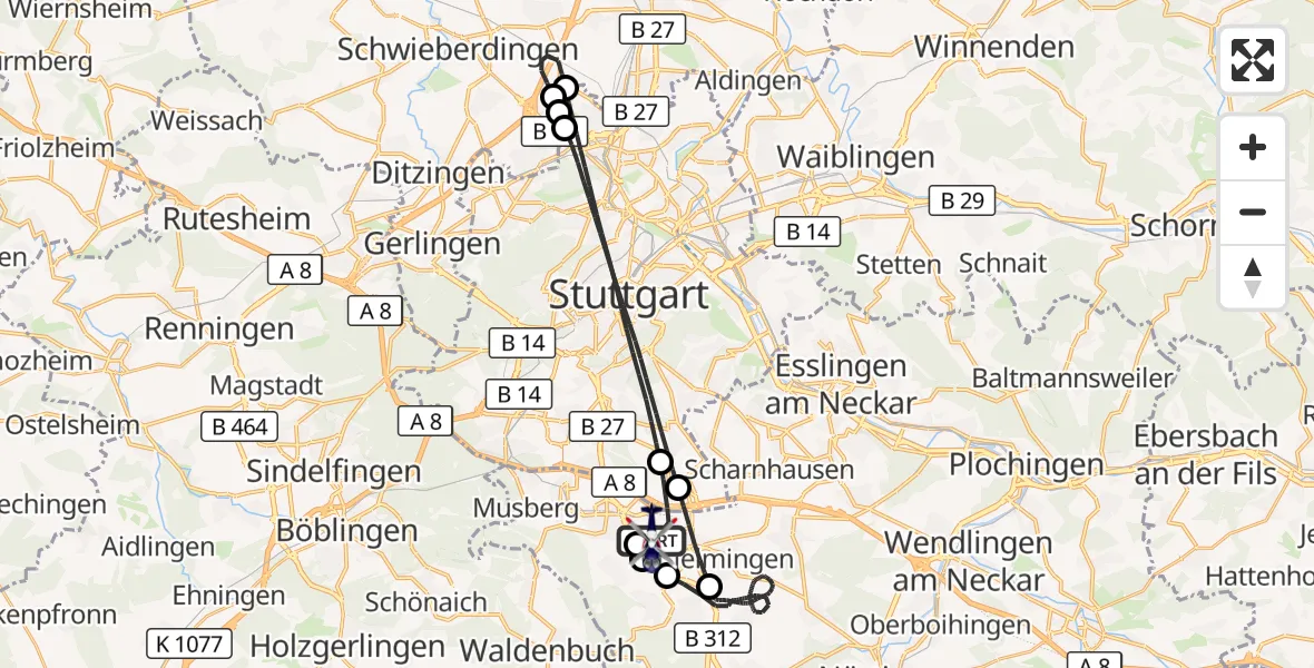 Flugroute Polizeihubschrauber Flughafen Stuttgart - Flughafen Stuttgart, 27 August 2026, 20:12