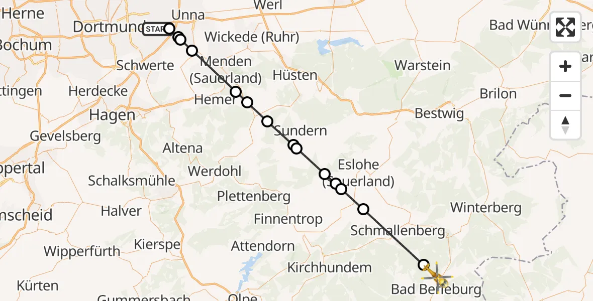 Flugroute Rettungshubschrauber Dortmund Flughafen - Bad Berleburg, 27 August 2026, 20:49