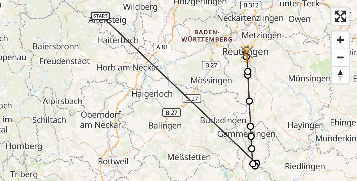 Flugroute Ambulanzhubschrauber Altensteig - Reutlingen, 27 August 2026, 21:35