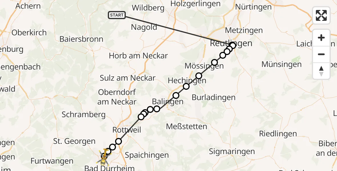 Flugroute Ambulanzhubschrauber Altensteig - DRF Air Rescue Station Villingen-Schwenningen Hubschrauberlandeplatz (Christoph 11), 27 August 2026, 22:13