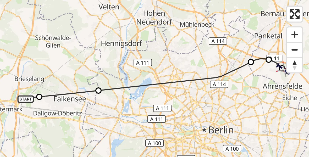 Flugroute Polizeihubschrauber Wustermark - Ahrensfelde Hubschrauberlandeplatz, 27 August 2026, 23:41