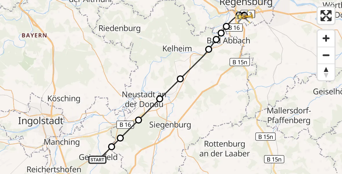Flugroute Rettungshubschrauber Geisenfeld - DRF Air Rescue Station Regensburg / Regensburg University Hospital, 28 August 2026, 00:27
