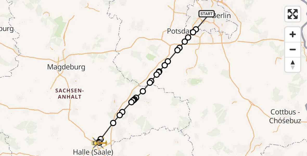 Flugroute Rettungshubschrauber Berlin - Halle-Oppin Flugplatz, 28 August 2026, 00:53