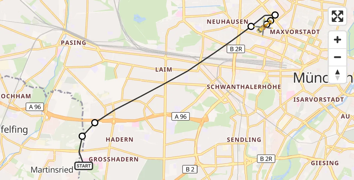 Flugroute Rettungshubschrauber DRF Air Rescue München Hubschrauberlandeplatz - Deutsches Herzzentrum München, 28 August 2026, 01:18