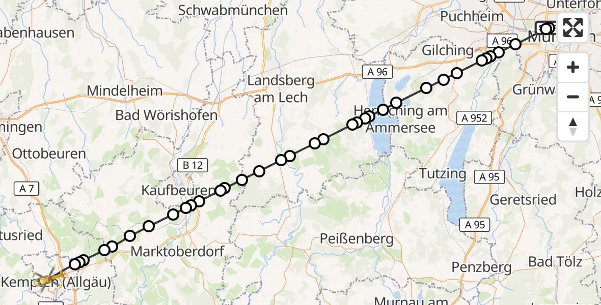 Flugroute Rettungshubschrauber Deutsches Herzzentrum München - Kempten (Allgäu), 28 August 2026, 01:35