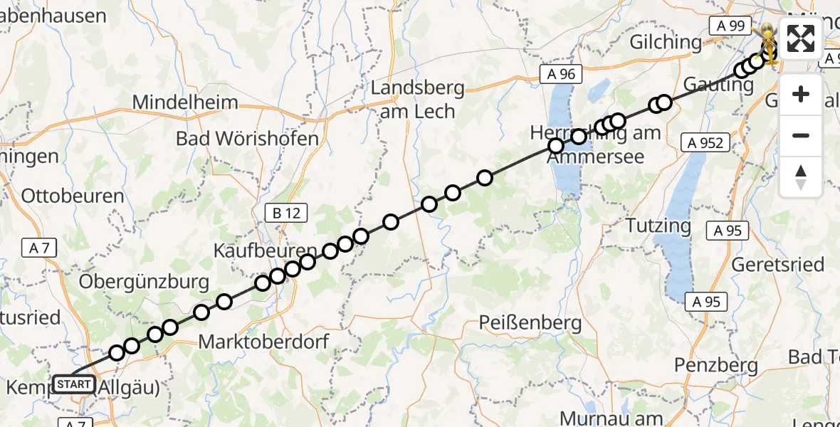 Flugroute Rettungshubschrauber Kempten (Allgäu) - DRF Air Rescue München Hubschrauberlandeplatz, 28 August 2026, 03:35