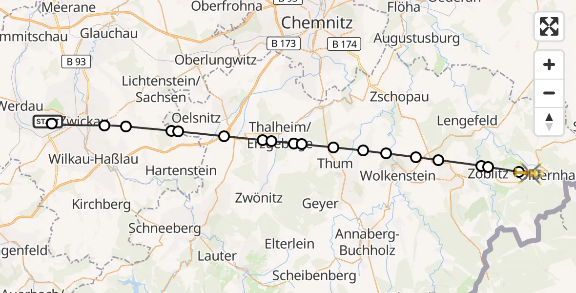 Flugroute Rettungshubschrauber ADAC Air Rescue Station Zwickau Hubschrauberlandeplatz - Olbernhau, 28 August 2026, 06:31