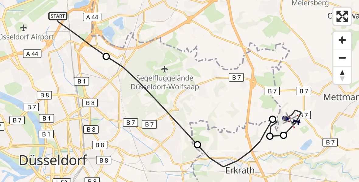 Flugroute Polizeihubschrauber Düsseldorf Flughafen - Mettmann, 28 August 2026, 06:34