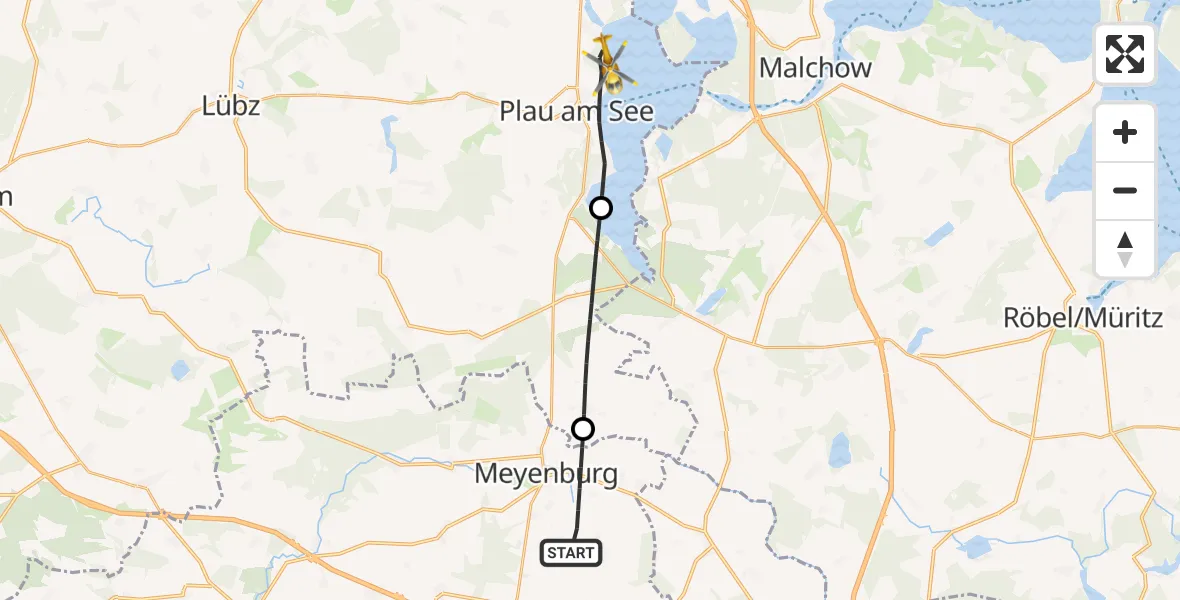 Flugroute Rettungshubschrauber Meyenburg - Plau am See, 28 August 2026, 06:35