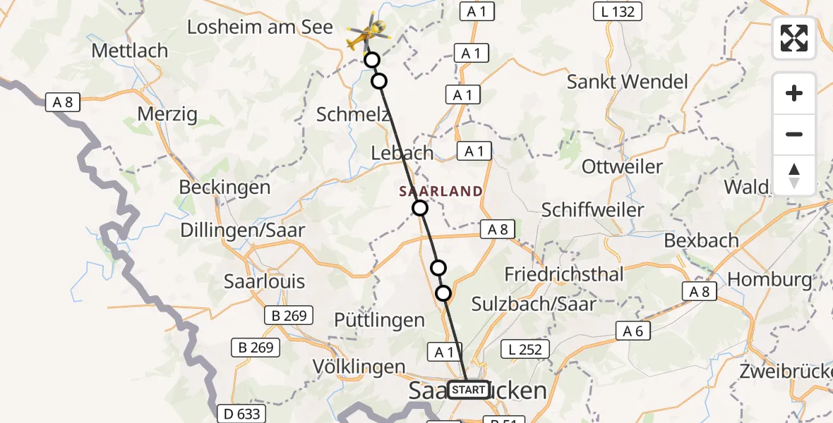 Flugroute Rettungshubschrauber Saarbrücken - Wadern, 28 August 2026, 06:56