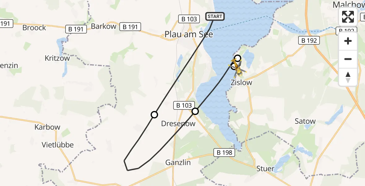 Flugroute Rettungshubschrauber Plau am See - Zislow, 28 August 2026, 07:08