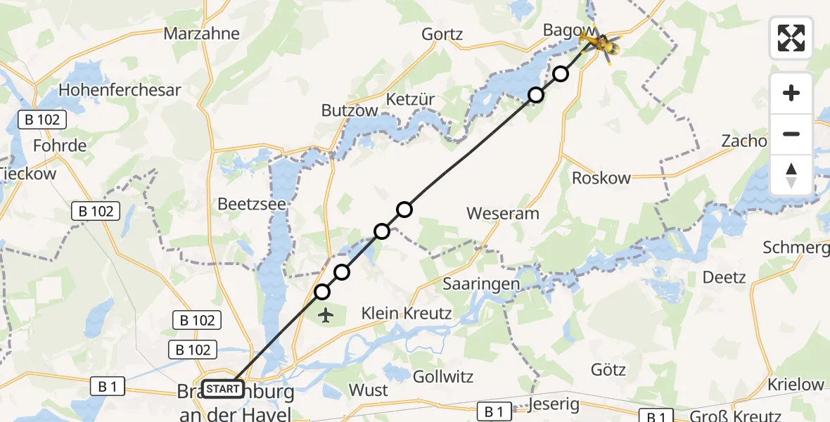 Flugroute Rettungshubschrauber Brandenburg an der Havel - Päwesin, 28 August 2026, 07:21