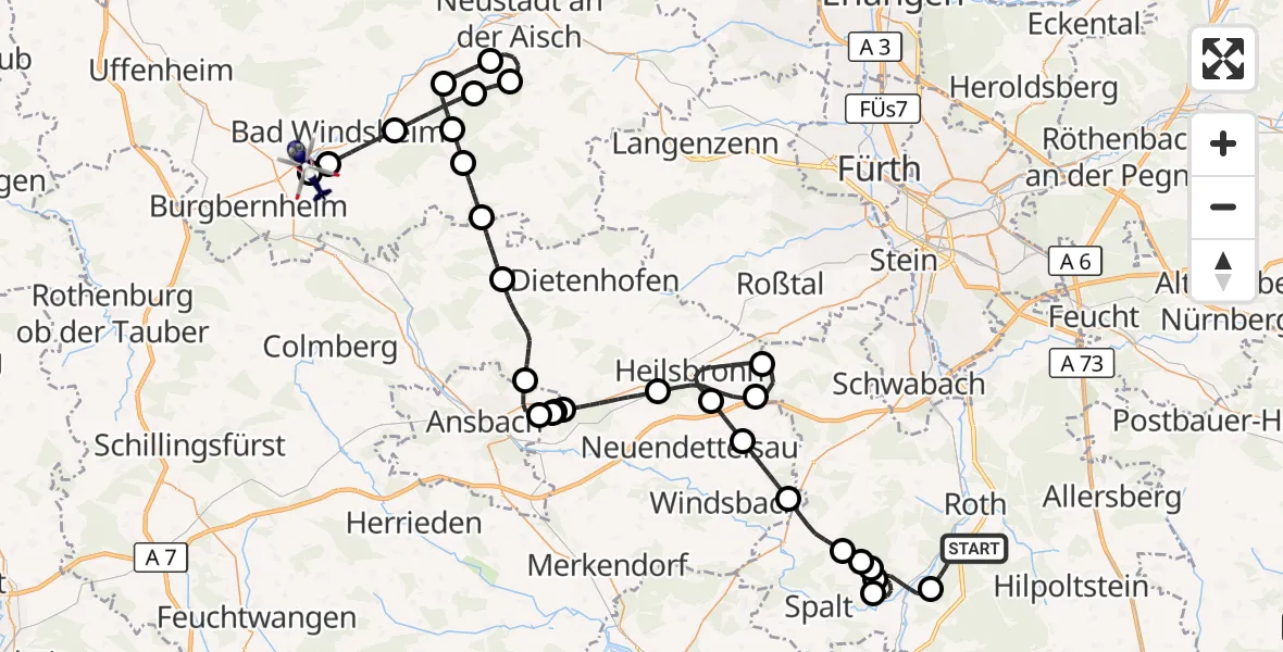 Flugroute Polizeihubschrauber Roth - Hubschrauberlandeplatz Illesheim, 28 August 2026, 07:23