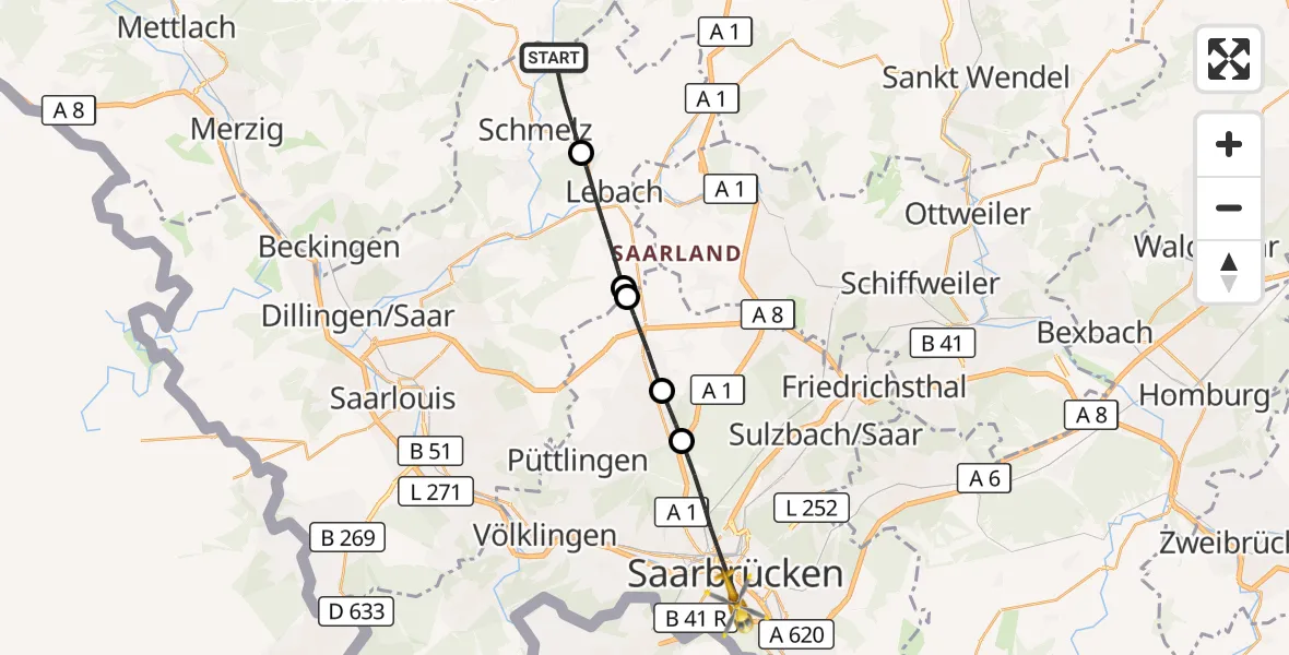 Flugroute Rettungshubschrauber Schmelz - Saarbrücken, 28 August 2026, 07:28