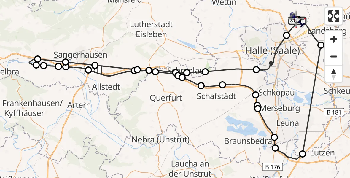 Flugroute Polizeihubschrauber Halle-Oppin Flugplatz - Landsberg, 28 August 2026, 07:44