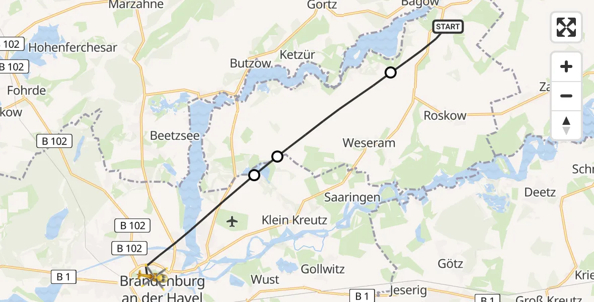 Flugroute Rettungshubschrauber Päwesin - Brandenburg an der Havel, 28 August 2026, 07:54
