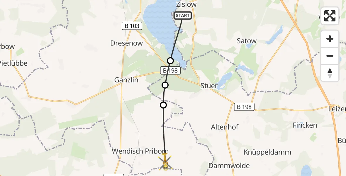 Flugroute Rettungshubschrauber Zislow - Ganzlin, 28 August 2026, 08:01