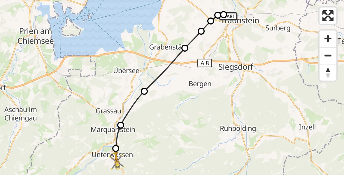 Flugroute Rettungshubschrauber Traunstein Hospital - Unterwössen, 28 August 2026, 08:01