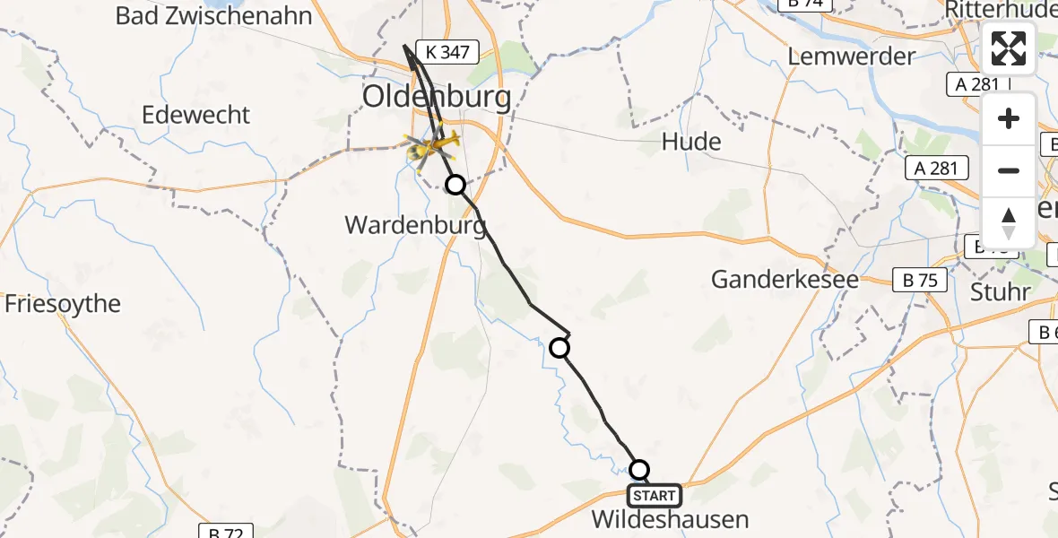 Flugroute Rettungshubschrauber Wildeshausen - Oldenburg (Oldb), 28 August 2026, 08:10