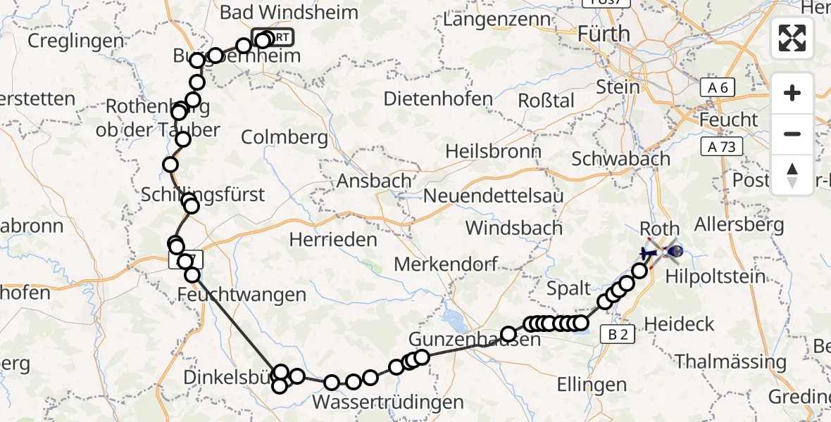 Flugroute Polizeihubschrauber Hubschrauberlandeplatz Illesheim - Flugplatz Roth, 28 August 2026, 08:11