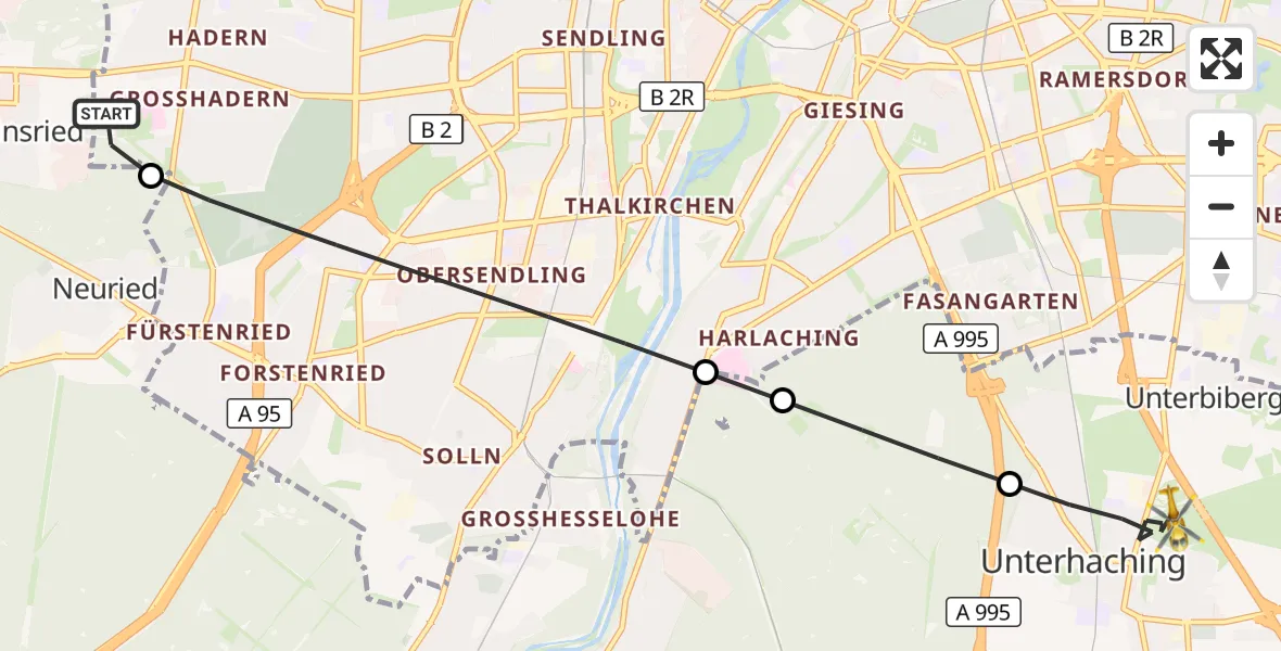 Flugroute Rettungshubschrauber DRF Air Rescue München Hubschrauberlandeplatz - Unterhaching, 28 August 2026, 08:18