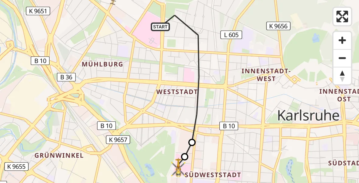Flugroute Ambulanzhubschrauber Karlsruhe - Sankt Vincentius Hospital, 28 August 2026, 08:29