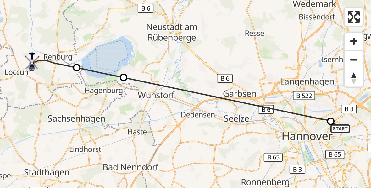 Flugroute Polizeihubschrauber Hannover Luftrettung Hubschrauberlandeplatz (Christoph 4) - Rehburg-Loccum, 28 August 2026, 08:33