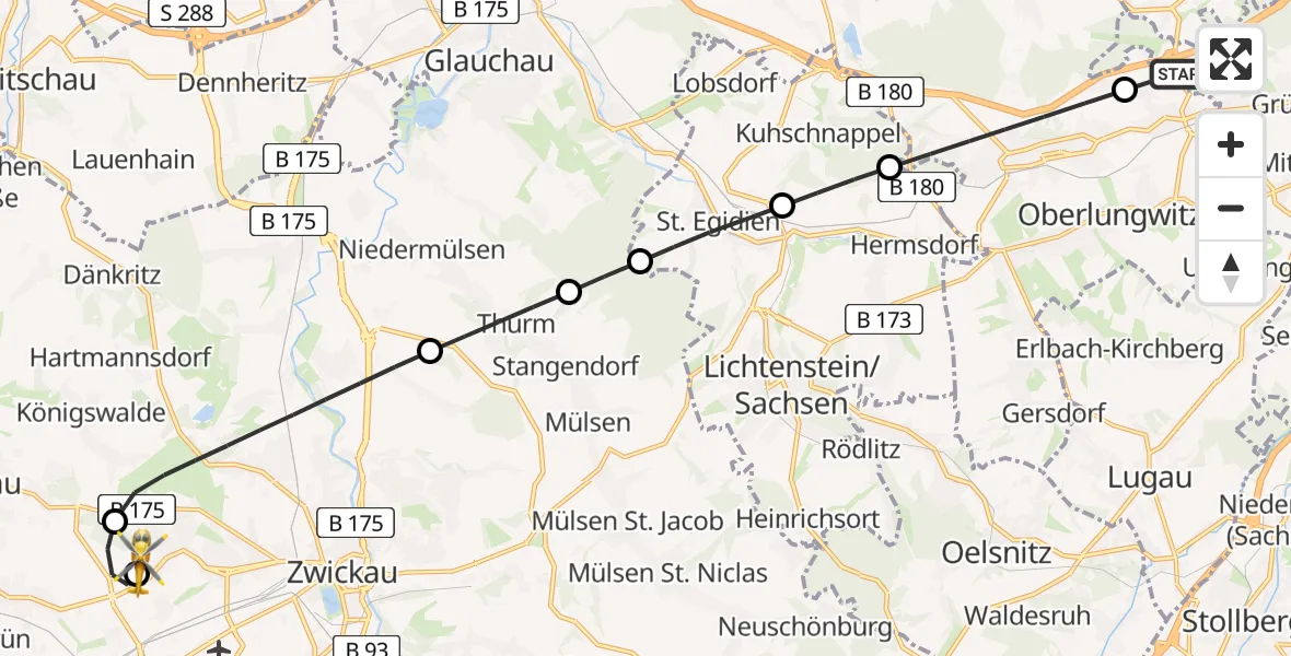 Flugroute Rettungshubschrauber Chemnitz - ADAC Air Rescue Station Zwickau Hubschrauberlandeplatz, 28 August 2026, 08:42