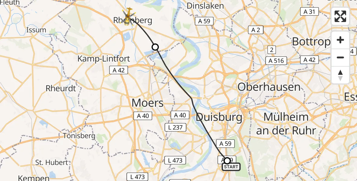 Flugroute Rettungshubschrauber Duisburg Air Rescue Hubschrauberlandeplatz (Christoph 9) - Rheinberg, 28 August 2026, 08:42