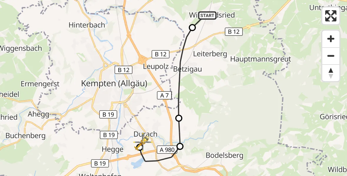 Flugroute Rettungshubschrauber Wildpoldsried - Kempten-Durach Flugplatz, 28 August 2026, 08:44