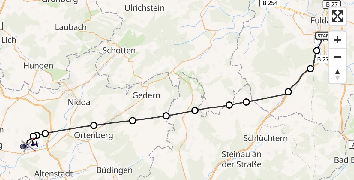 Flugroute Polizeihubschrauber Fulda - Flugplatz Reichelsheim, 28 August 2026, 08:46