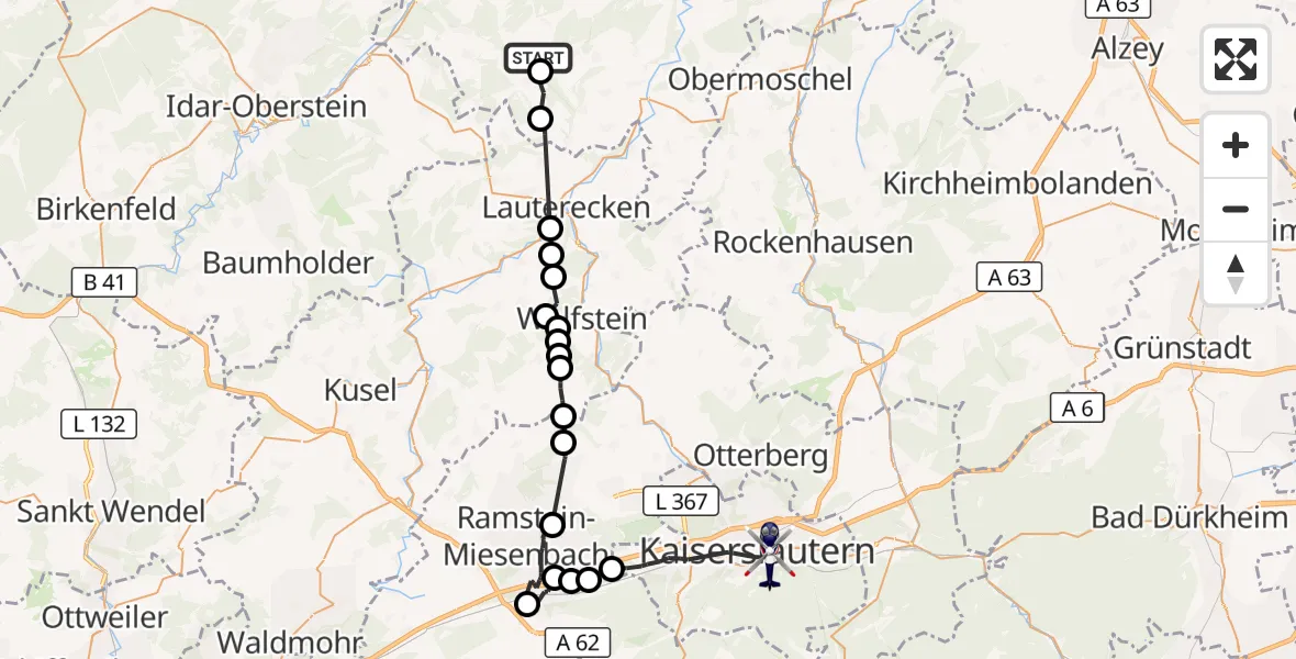 Flugroute Polizeihubschrauber Kirschroth - Kaiserslautern, 28 August 2026, 08:46