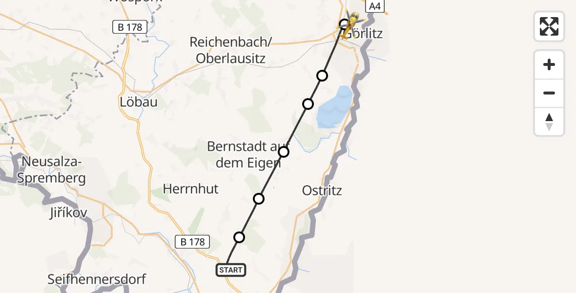 Flugroute Rettungshubschrauber Mittelherwigsdorf - Görlitz Hospital, 28 August 2026, 09:01