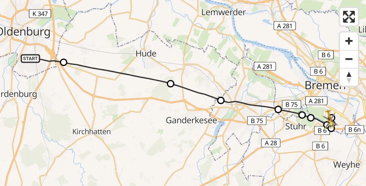 Flugroute Rettungshubschrauber Oldenburg (Oldb) - ADAC Air Rescue Station Bremen Hubschrauberlandeplatz (Christoph 6), 28 August 2026, 09:17