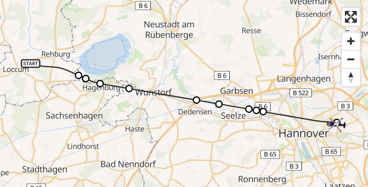 Flugroute Polizeihubschrauber Rehburg-Loccum - Hannover Luftrettung Hubschrauberlandeplatz (Christoph 4), 28 August 2026, 09:18